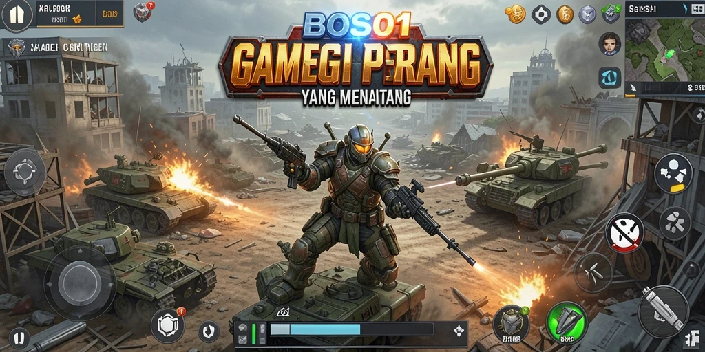Screenshot gameplay BOS01 menampilkan aksi pertempuran yang intens.