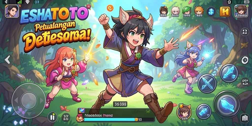 Tampilan gameplay ESHATOTO yang penuh aksi dan karakter anime menarik.