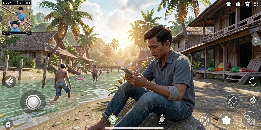 Screenshot menunjukkan karakter dalam situasi simulasi yang menarik.