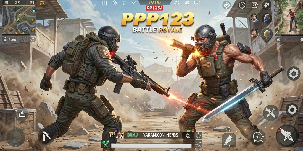 Tangkapan layar utama PP123 menampilkan aksi mendebarkan dalam pertempuran Battle Royale.