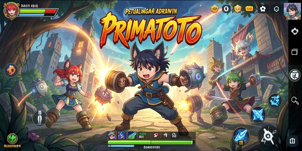 Screenshot gameplay PRIMATOTO menampilkan karakter anime dalam aksi seru.