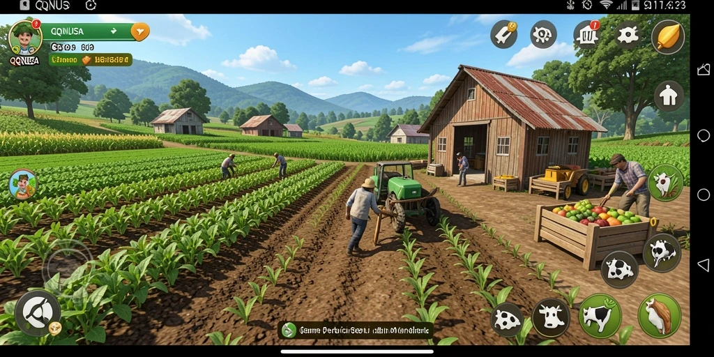 Tampilan screenshot dari gameplay QQNUSA yang menggambarkan aktivitas bertani.