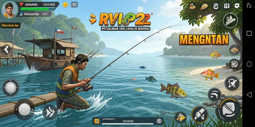 Screenshot gameplay RVIP2, menampilkan momen menangkap ikan yang menegangkan.