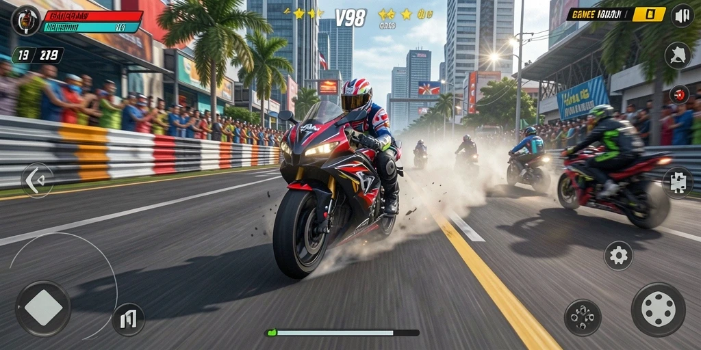 Screenshot gameplay V98 menampilkan aksi balap motor yang seru.