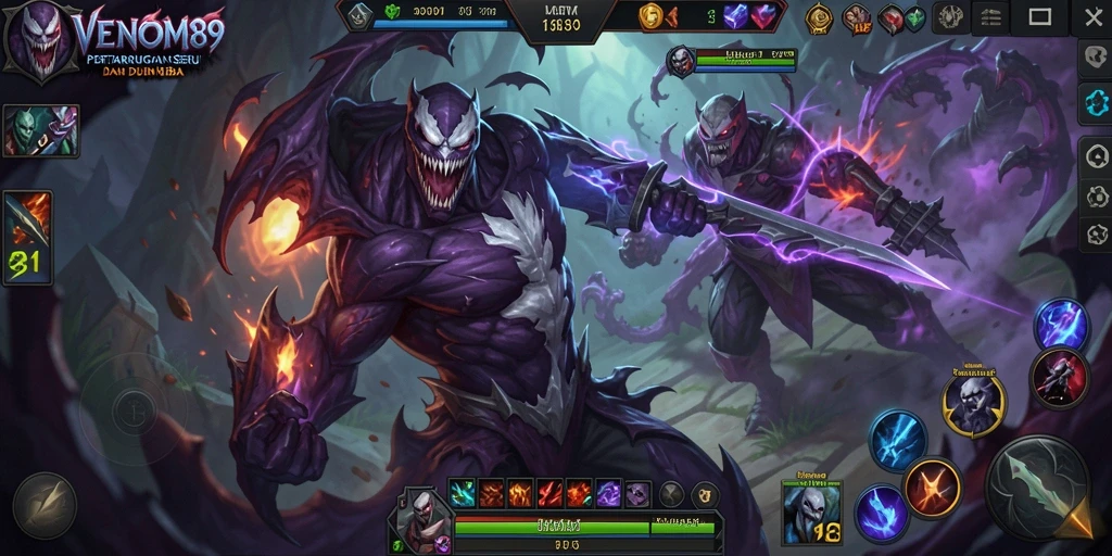 Tampilan gameplay VENOM889 yang intens dan seru di arena MOBA.