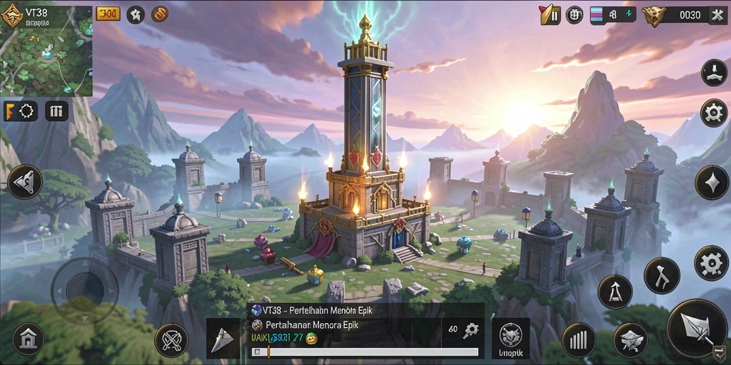 Tampilan gameplay seru dari VT38 yang menampilkan strategi menara.
