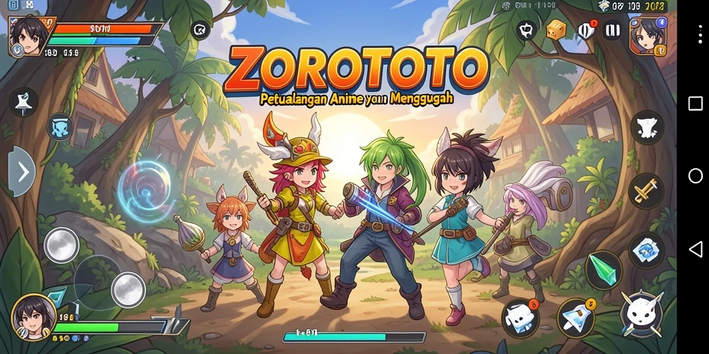 Screenshot gameplay ZOROTOTO dengan karakter anime menarik dan grafis cerah.